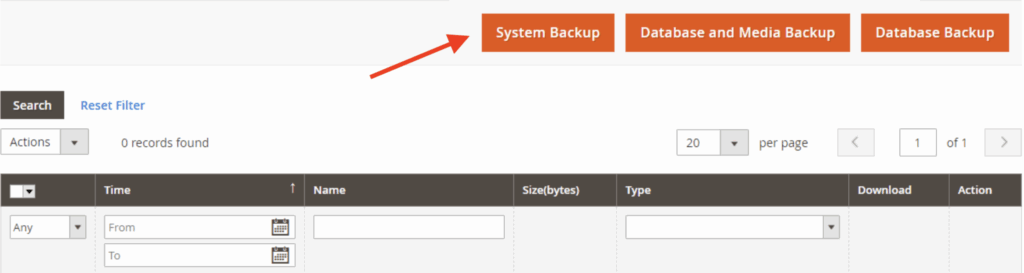 Select the type of Magento 2 backup