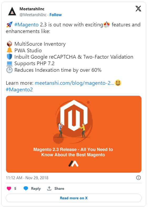 Magento 2.3 release notification on Twitter