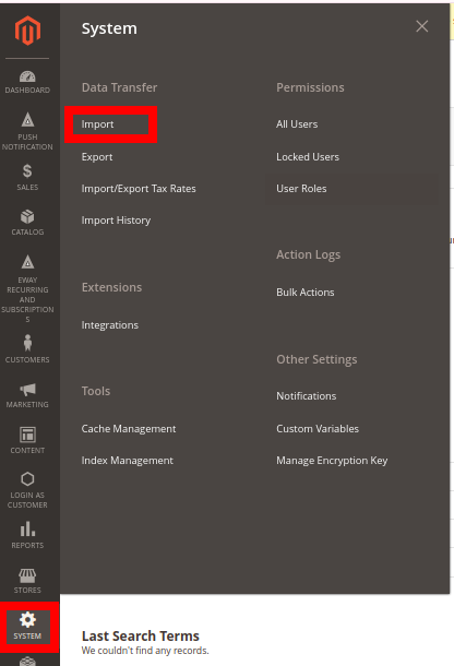 Magento 2 Admin panel with browsing product import option