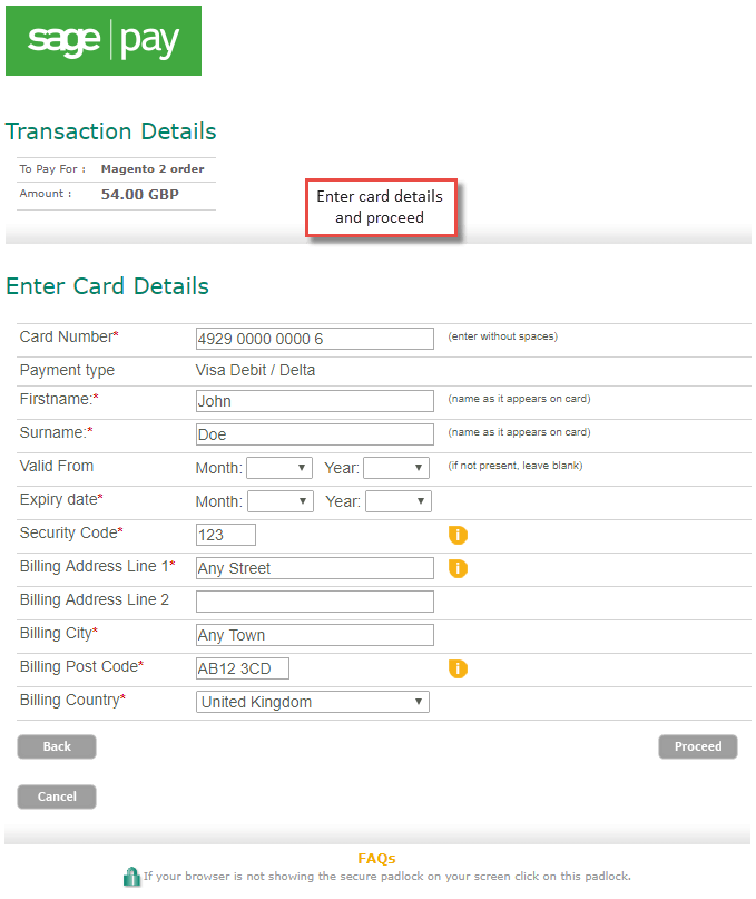 Sage pay card details