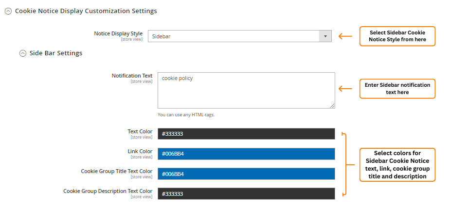 Sidebar Cookie Notice Style Settings