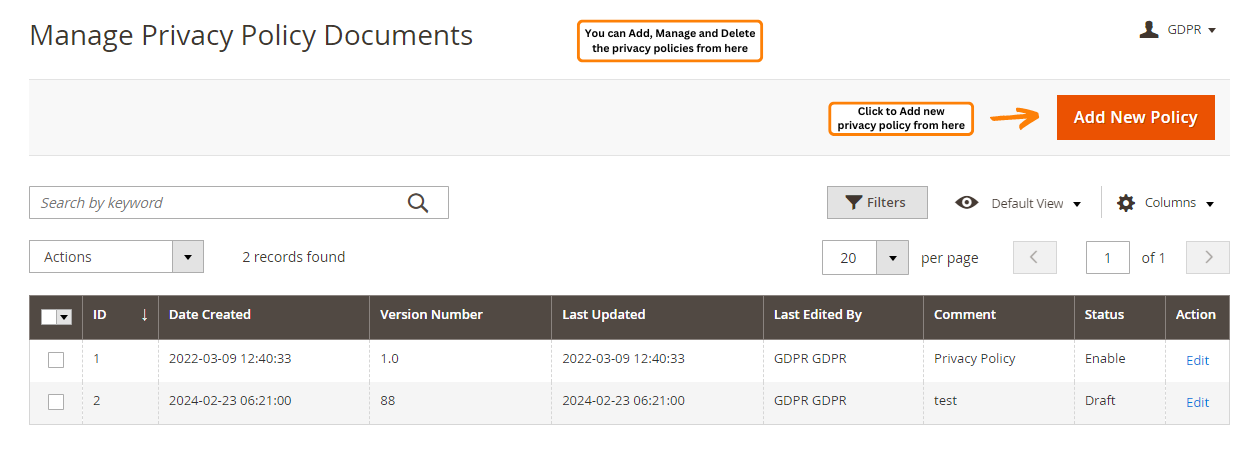 Manage privacy policy documents