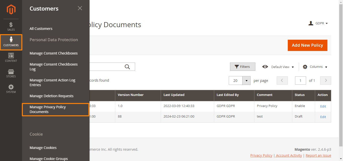 Privacy Policy Documentation Settings
