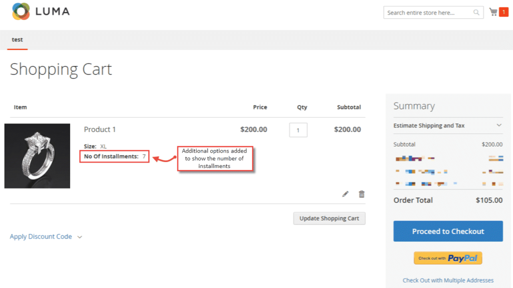Example of additional options added in the cart