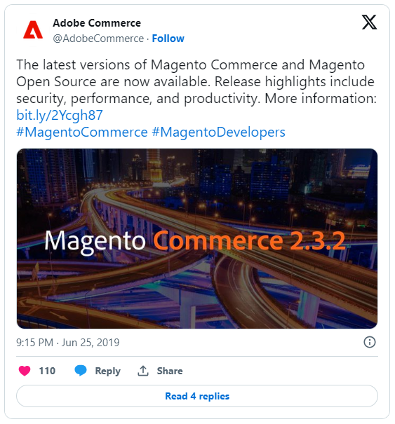 Magento 2.3.2 release notification on Twitter by Adobe Commerce
