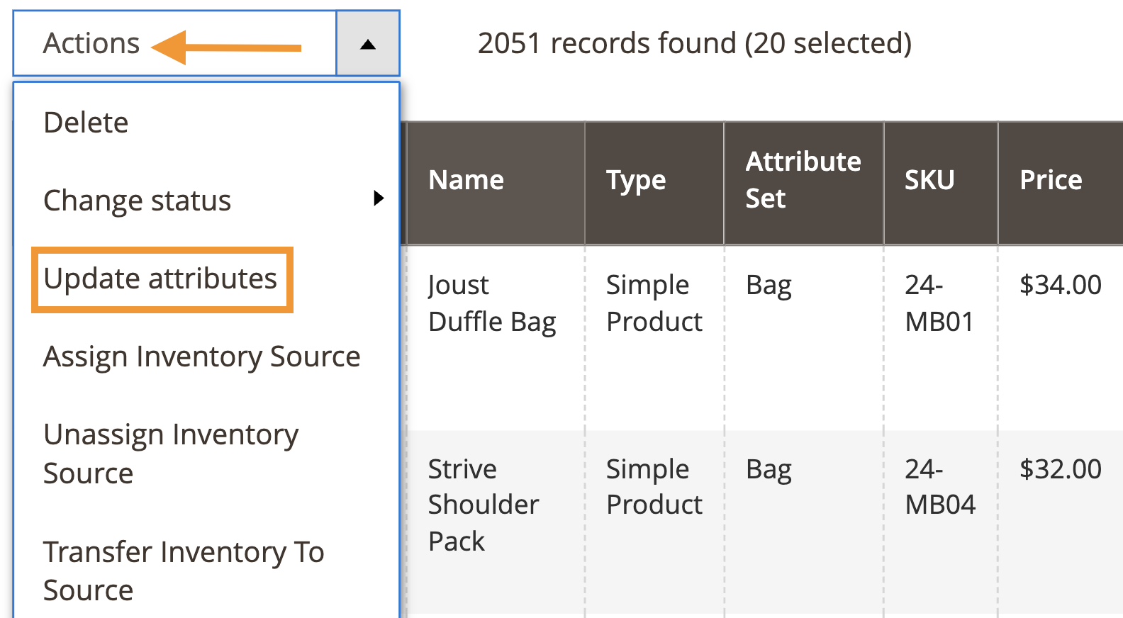 Navigate to Update Attributes Under Actions