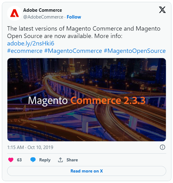 Magento 2.3.3 release notification on Twitter by Adobe Commerce