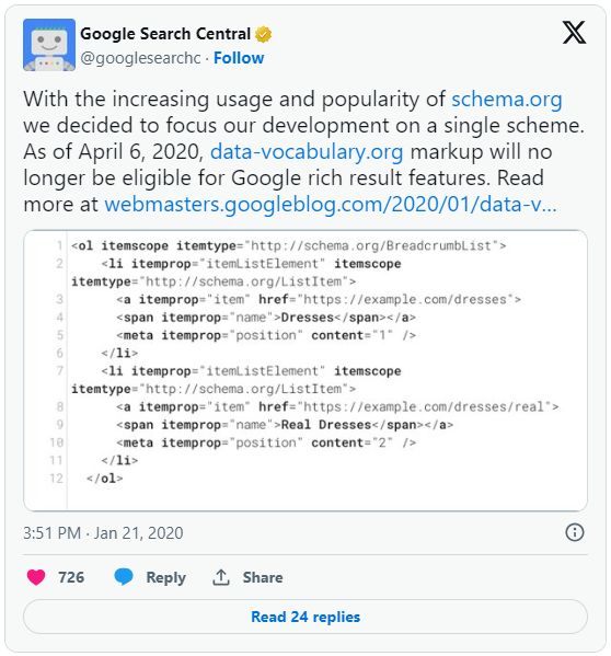 Google announces the end of support for data-vocabulary from April 6, 2020!