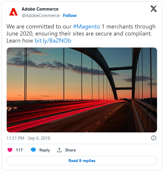 Magento announced the end of support of Magento 1 on Twitter