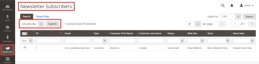 Cancel a subscription from the Newsletter Subscribers list