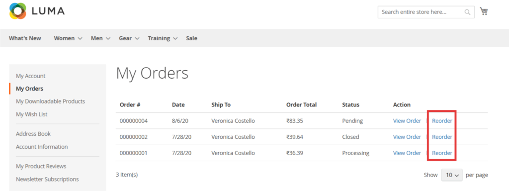 customer reorder