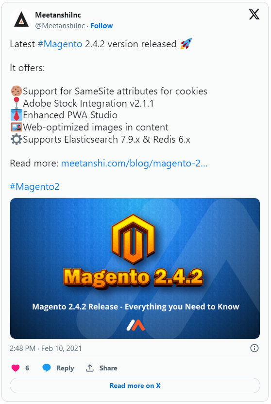 Latest #Magento 2.4.2 version released tweet by Meetanshi