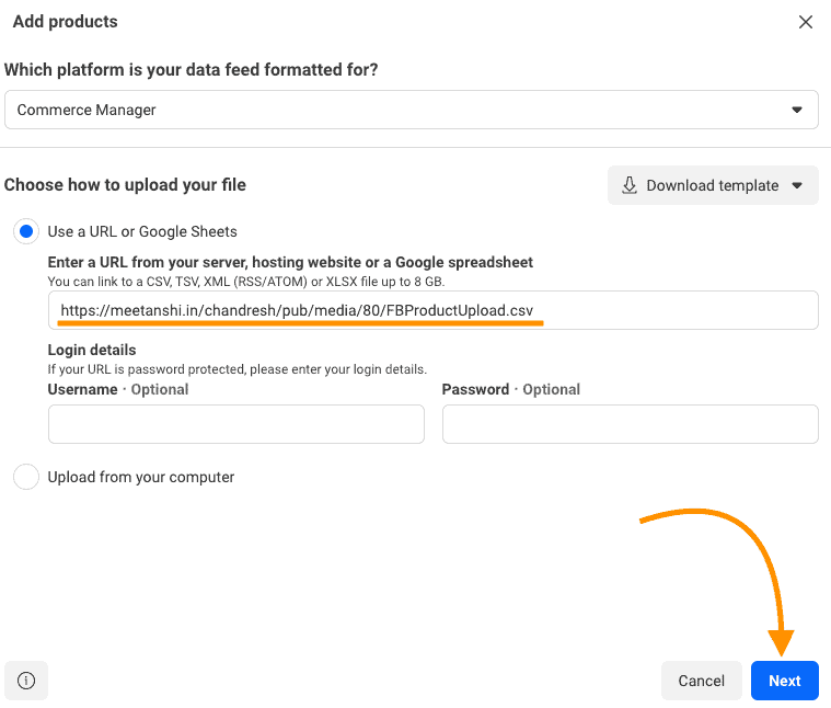 Enter datafeed CSV URL