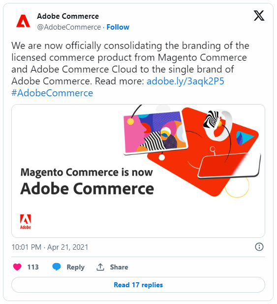 Magento Commerce is Adobe commerce announcement on Twitter