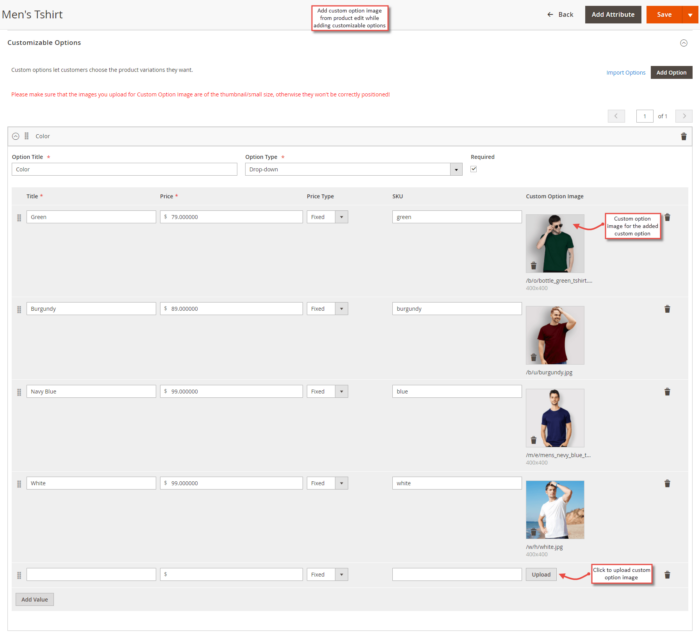 Add custom option images in Magento