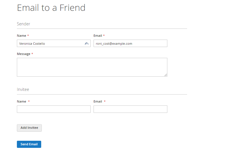 send email invitation via name and email to friend