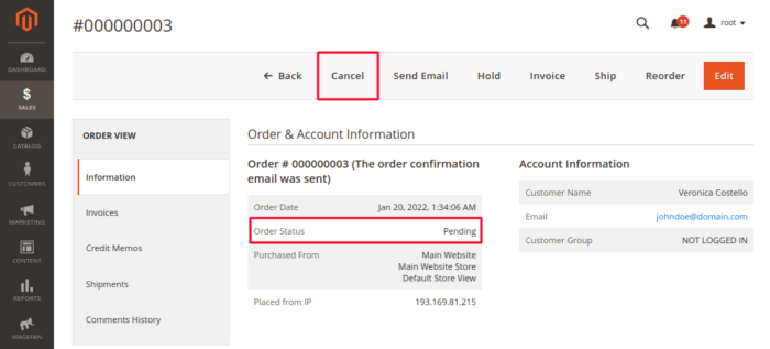 how to cancel order in magento