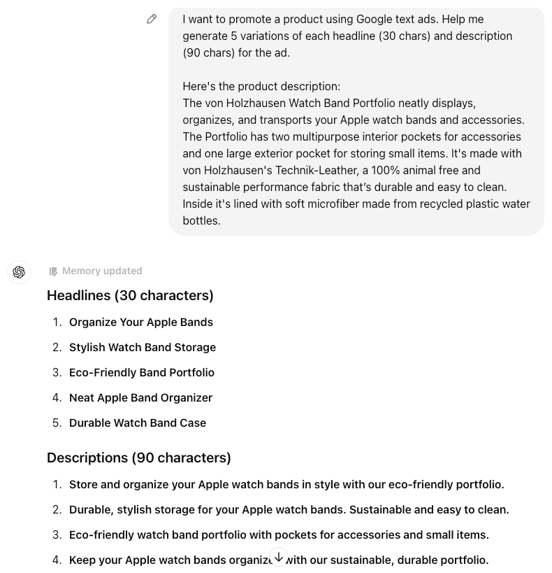Screenshot of how I used ChatGPT to generate ad copies for Magento 2