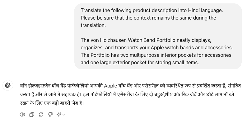 Screenshot showing ChatGPT translating product description into Hindi language