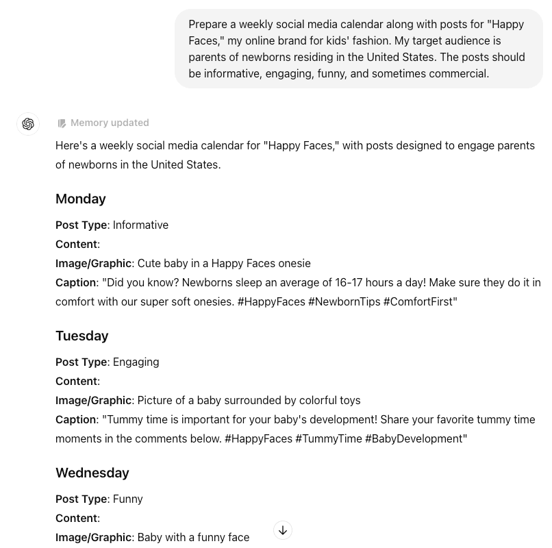 Screenshot showing ChatGPT generating a social media calendar for a fashion brand