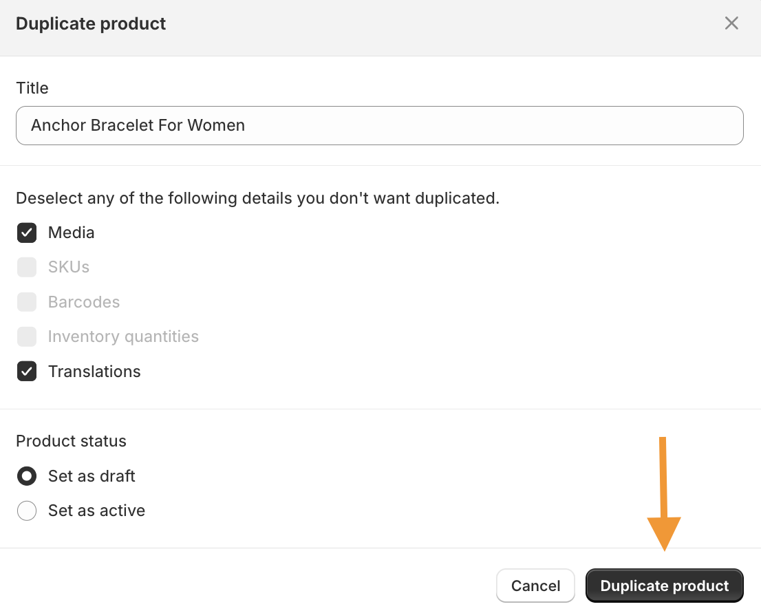 Name to the duplicate page and click duplicate product