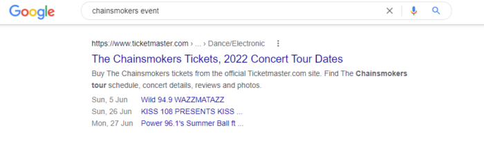 Eample of events rich snippet on google
