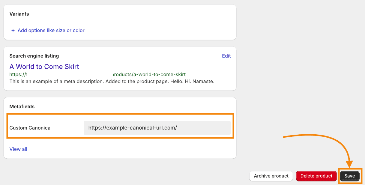 Add canonical URL to product metafield