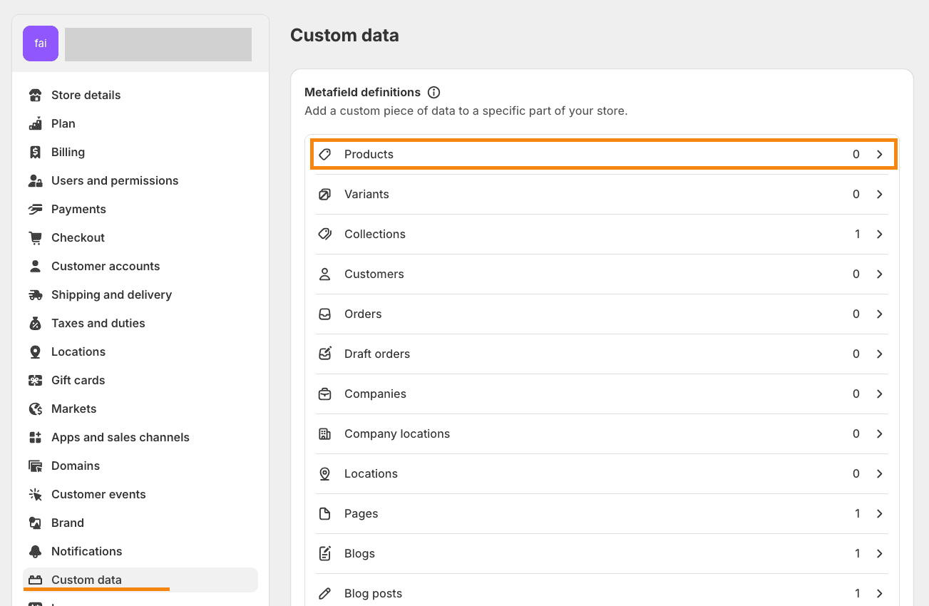 Go to Custom data and select Products