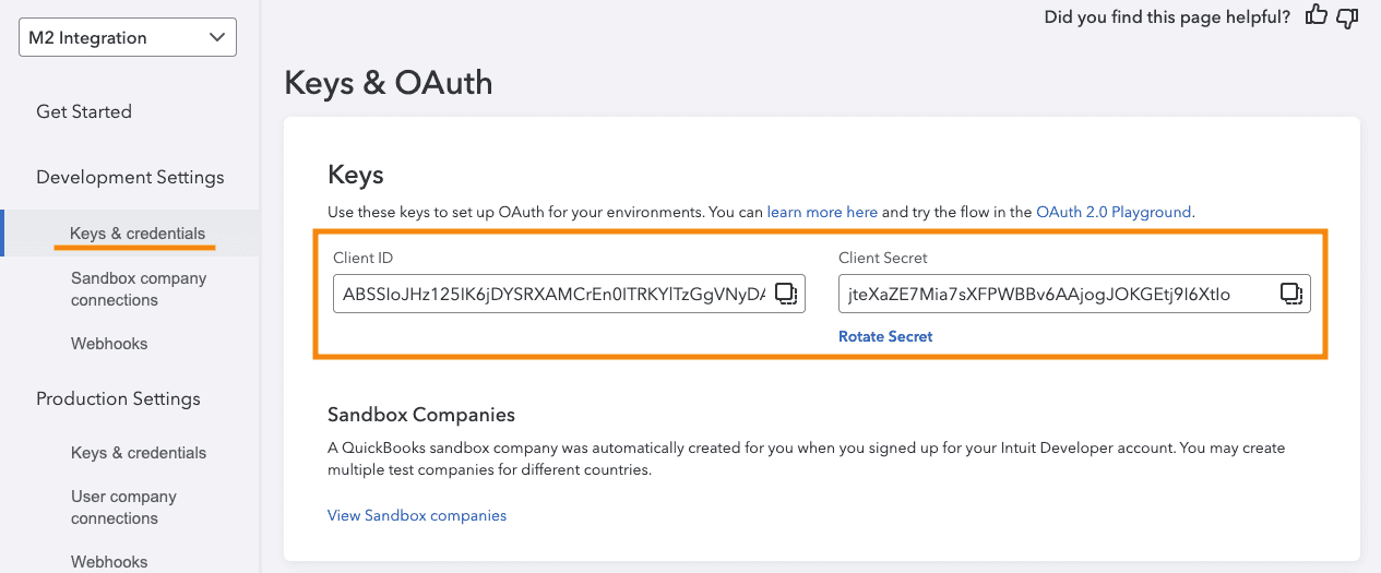 Copy Client ID and Client Secret from Keys and integrations