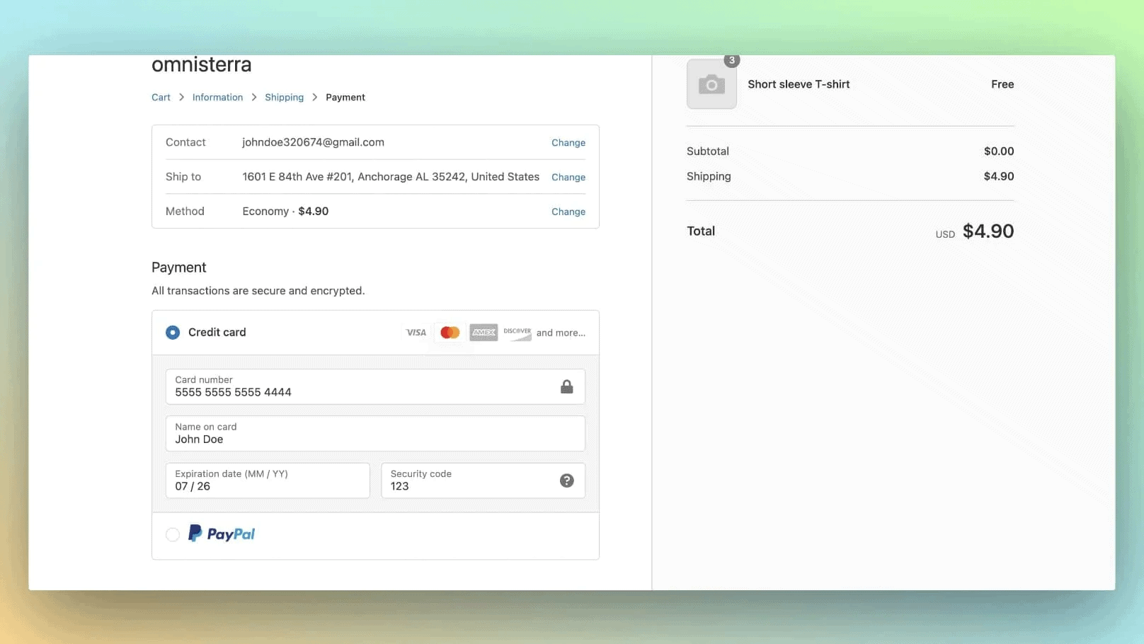 Place test order in Shopify