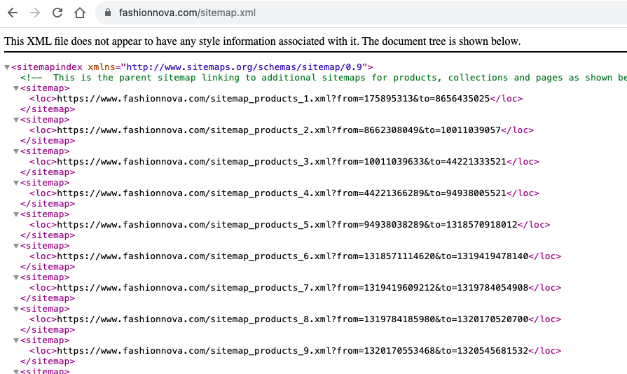 Example of Shopify sitemap