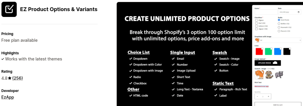 EZ Product Options Variants