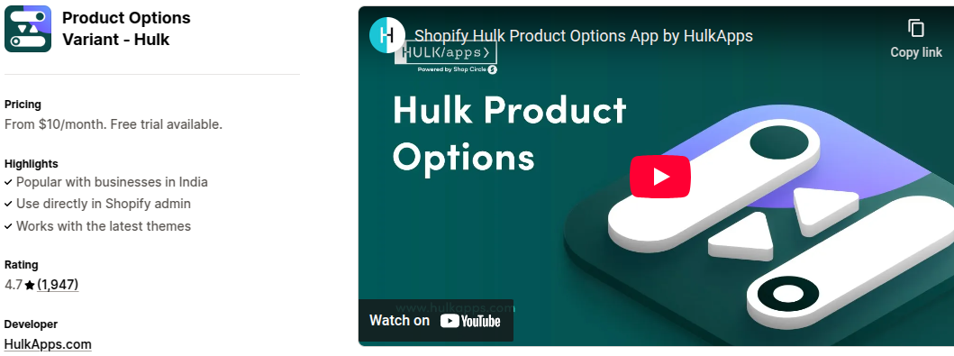 Product Options Variant Hulk