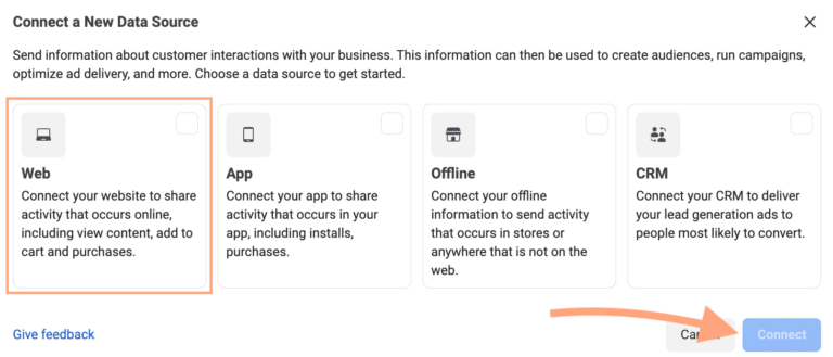 Connect data sources screen of facebook business commerce