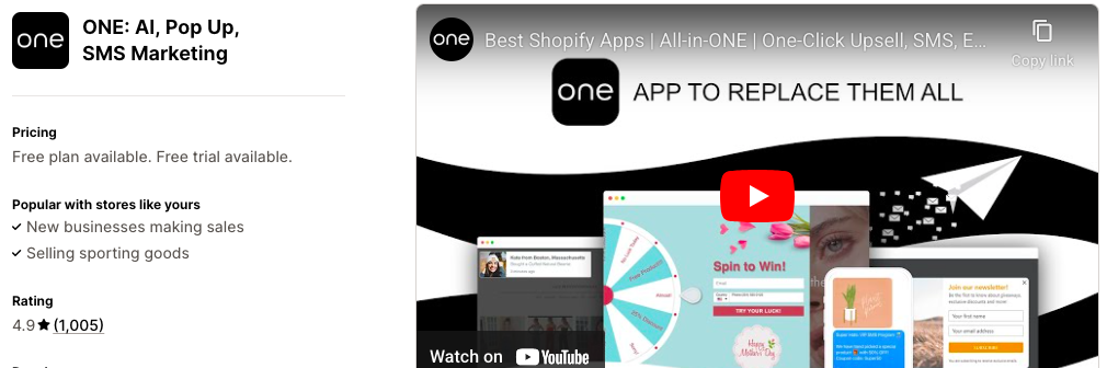  ONE: AI, Pop Up, SMS Marketing