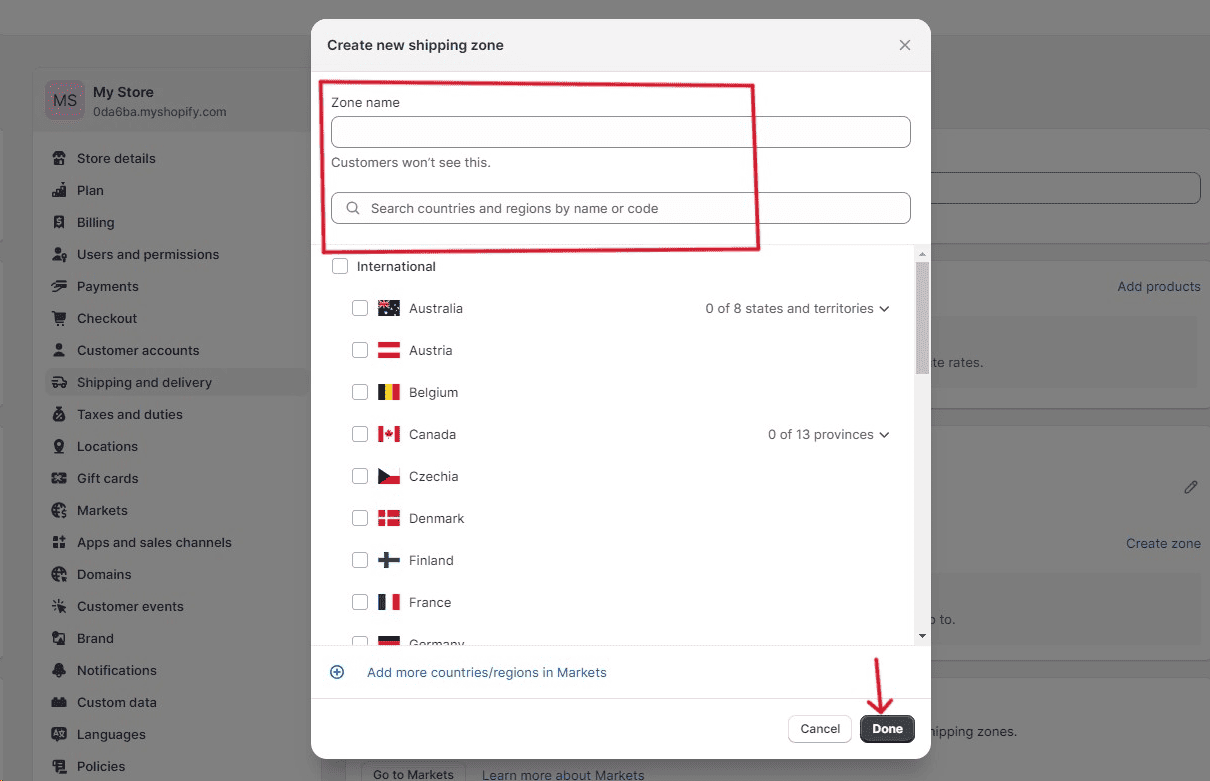 Add countries to each shipping zone