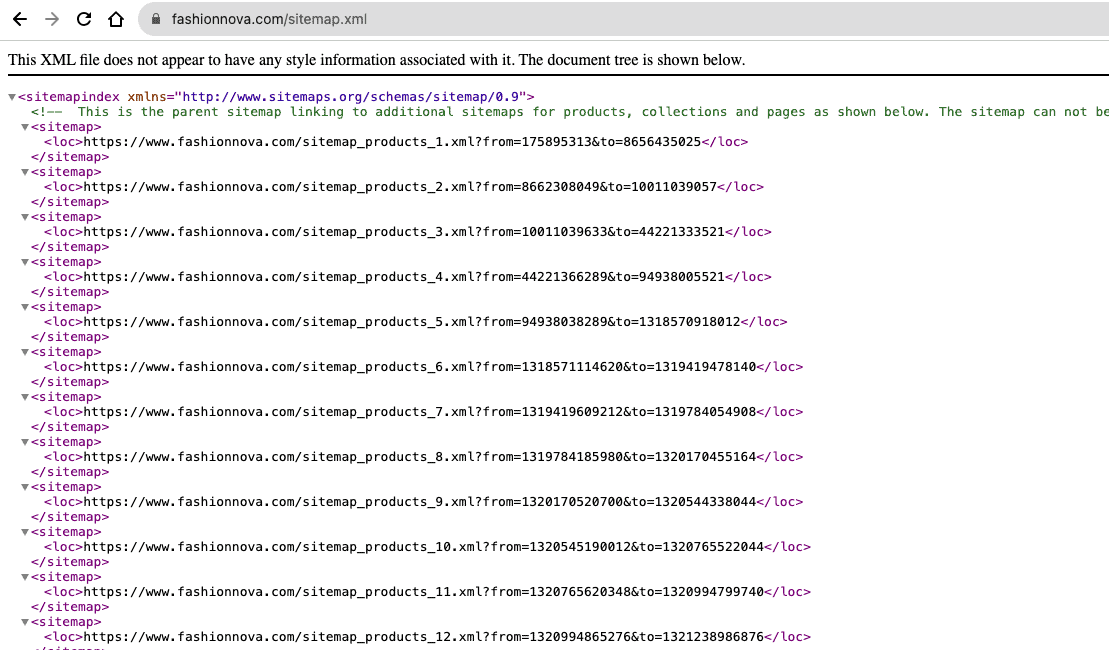Example of default Shopify sitemap