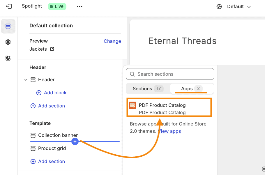 In Shopify theme editor, add catalog button to collection page using the app