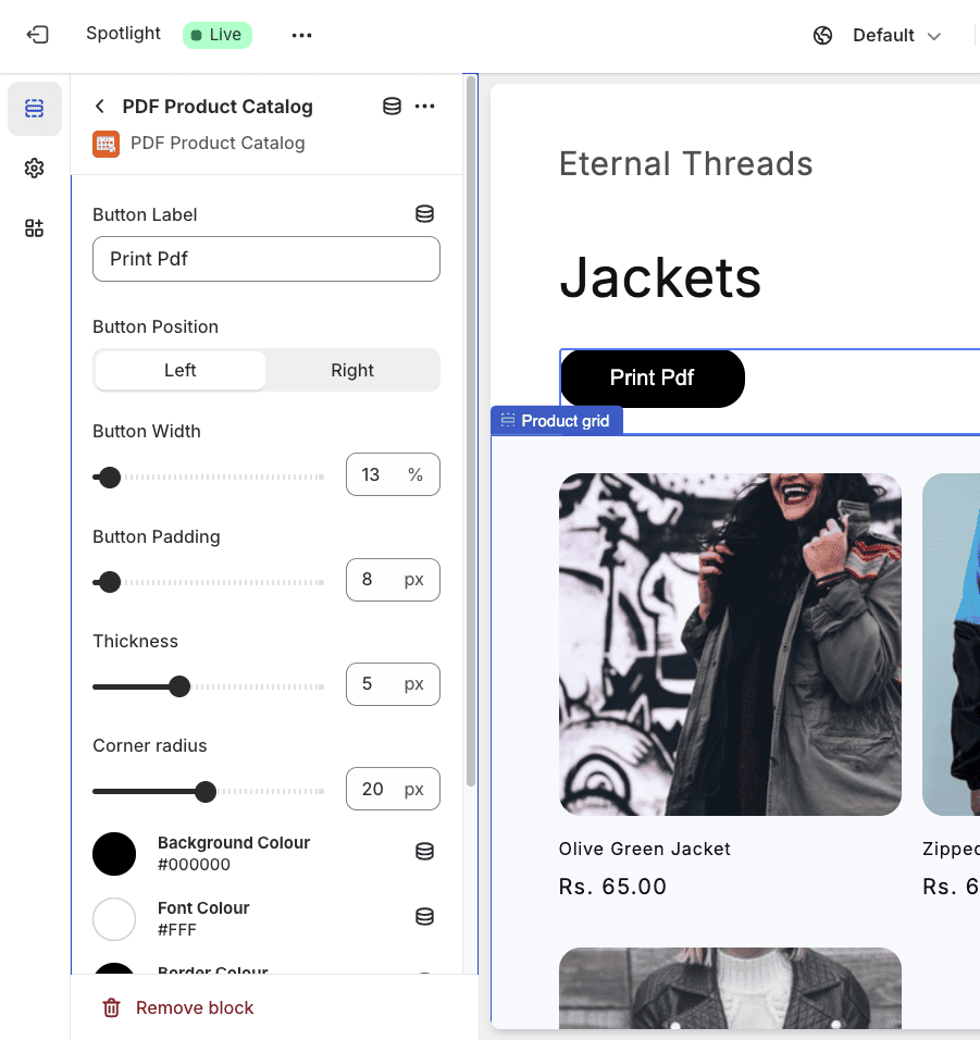Customize the product catalog button in Shopify theme editor