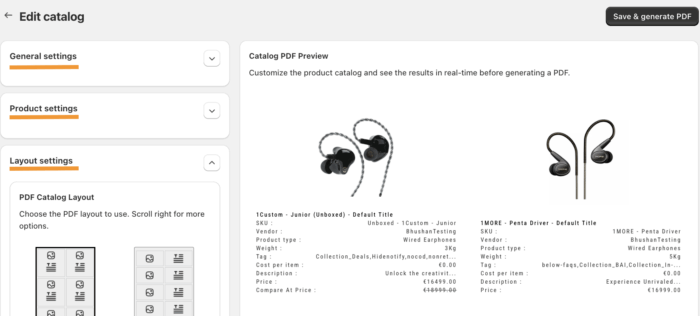 Product PDF catalog settings