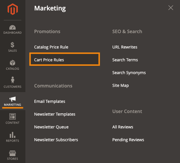 Magento 2 admin with selected Cart Price Rules in Marketing section
