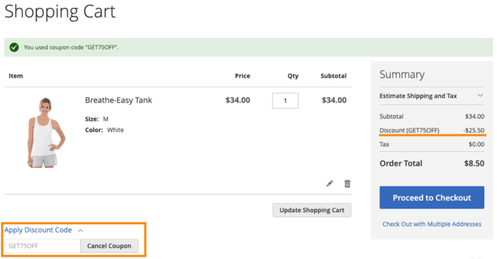 shopping cart page in the front end