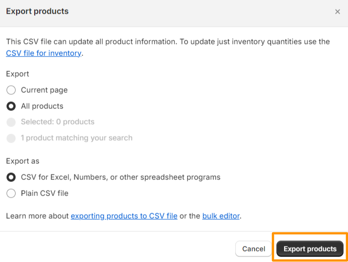 Select and export the needed products