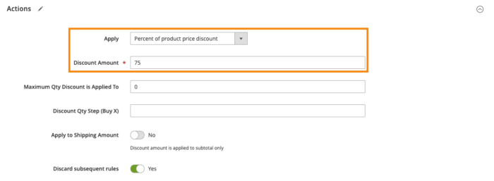 Actions section in the cart price rule
