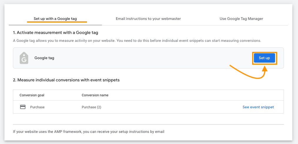 Set up google tag for conversion