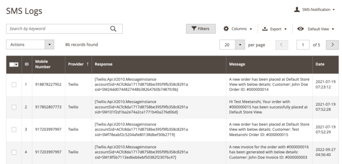 SMS Log Grid using SMS extension
