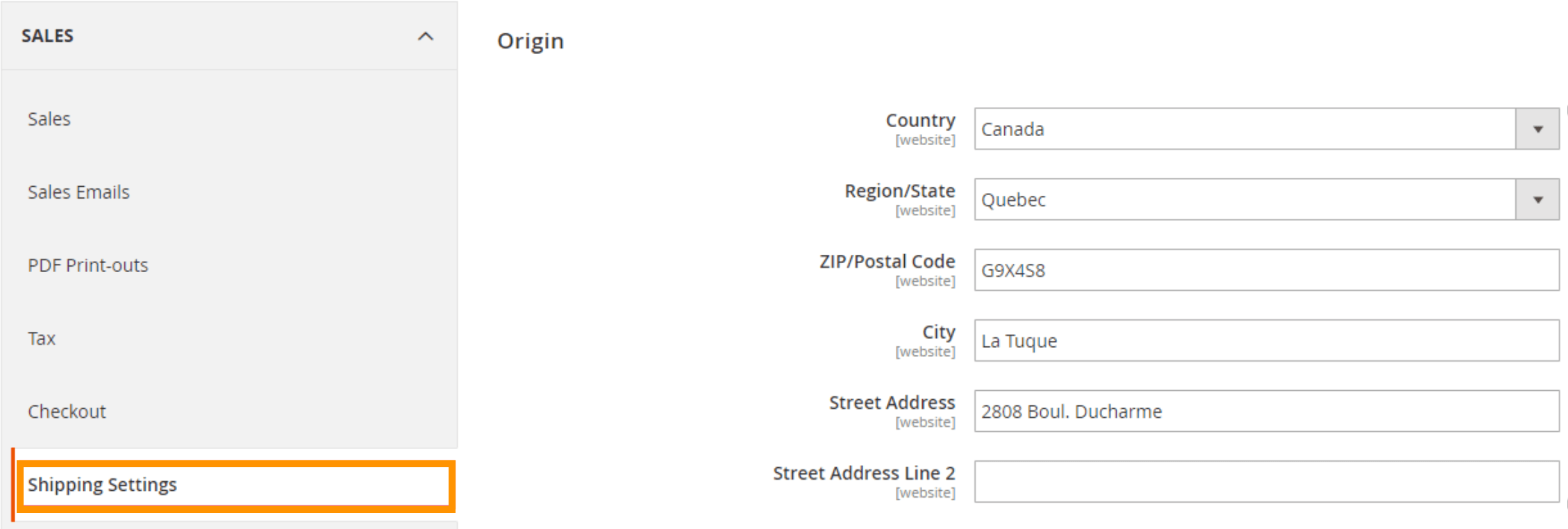 Shipping Origin Settings