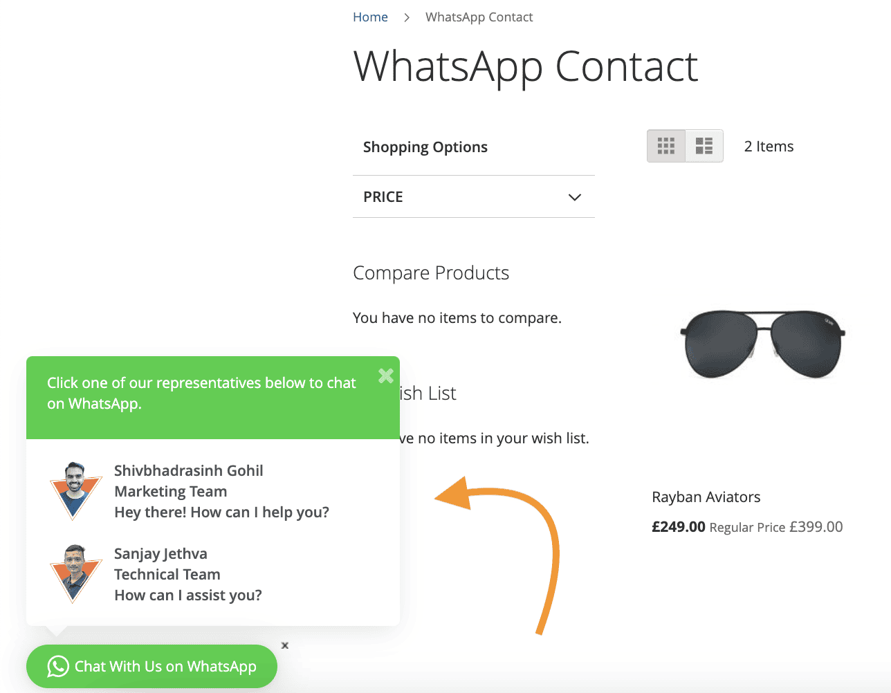 Example of Magento 2 Whatsapp Contact Extension