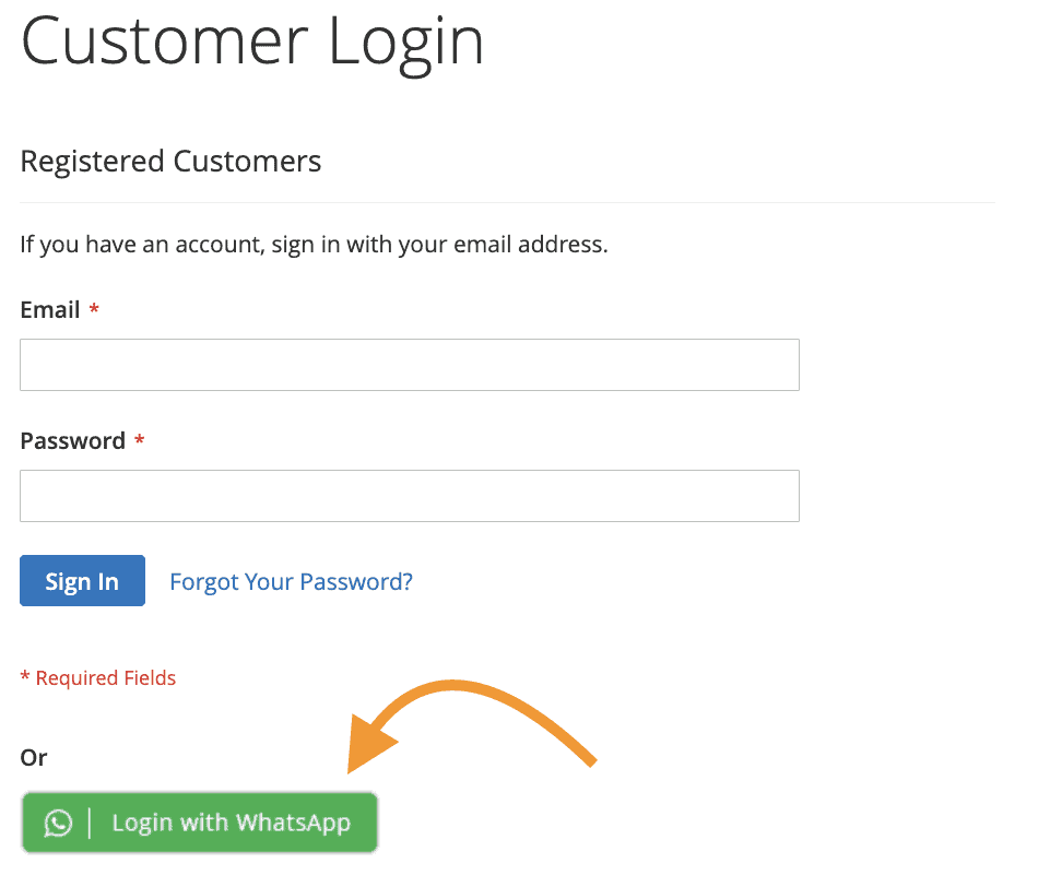 Example of Meetanshi Magento 2 WhatsApp login extension