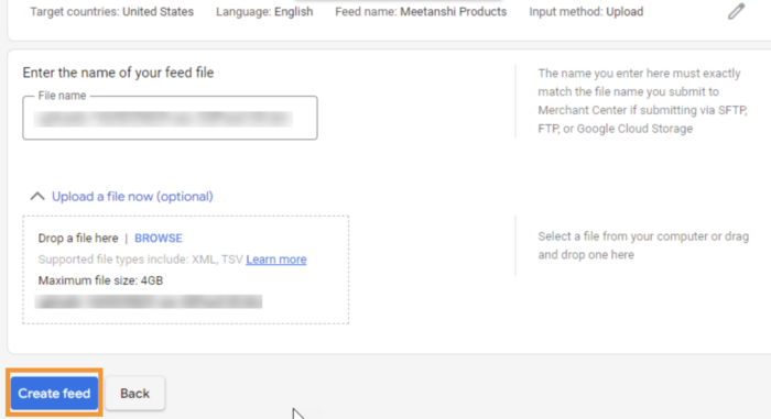 upload the feed file to the google merchant center